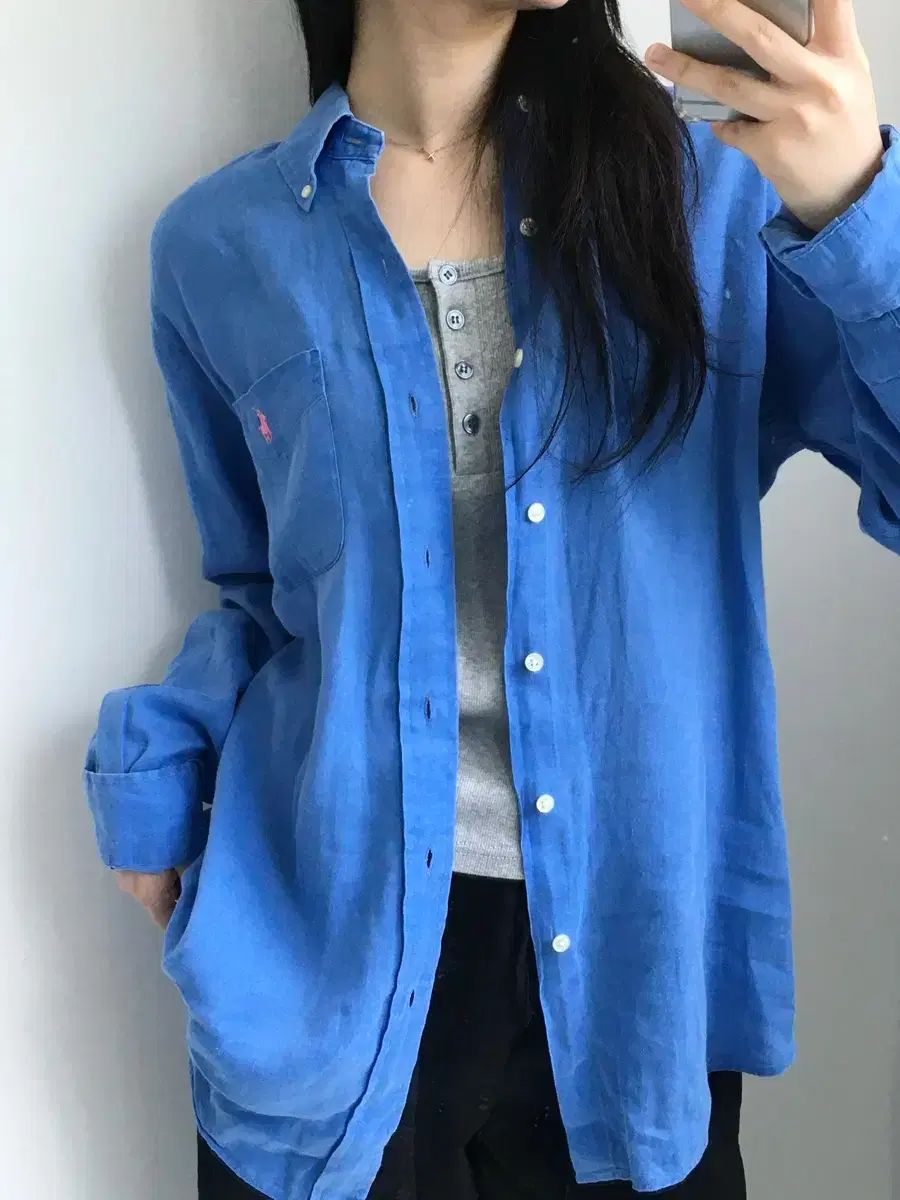 ポロポロラルフローレンブルーリネンシャツ